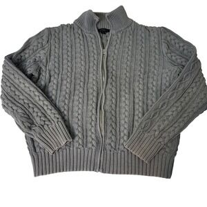 Express Gray Cable Knit Full Zip Mock Neck Cotton Sweater Large Unisex Cabincore